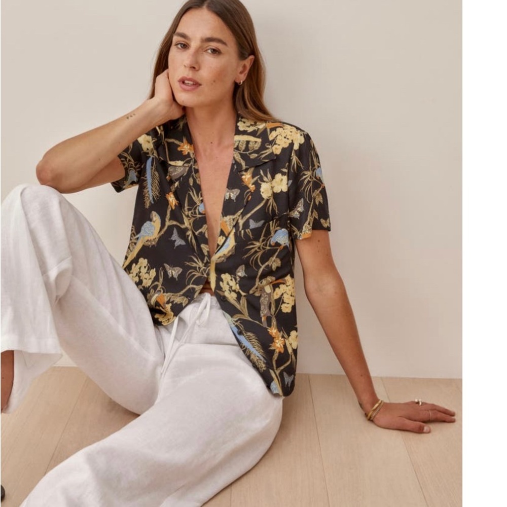 Reformation tropical bird print blouse